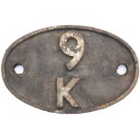 Shedplate 9K Bolton 1963-1968. In lightly cleaned condition. Vendor states as removed from LMS 8F