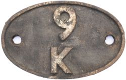 Shedplate 9K Bolton 1963-1968. In lightly cleaned condition. Vendor states as removed from LMS 8F