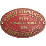 Worksplate ROBERT STEPHENSON & HAWTHORNS LTD NEWCASTLE WORKS 6964 1938 ex 0-6-0 ST supplied to the