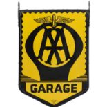 Motoring enamel sign AA GARAGE. Double sided complete with original hanging hooks. One side in