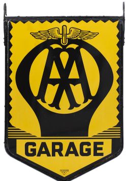 Motoring enamel sign AA GARAGE. Double sided complete with original hanging hooks. One side in