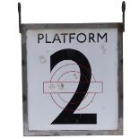 London Underground enamel station sign PLATFORM 2. Double sided and in stainless frame. Both sides