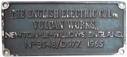 Diesel worksplate THE ENGLISH ELECTRIC CO LTD VULCAN WORKS NEWTON-LE-WILLOWS ENGLAND No 3548/ D977