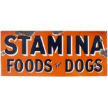 Advertising enamel sign STAMINA FOODS FOR DOGS measuring 25in x 10.5in. In good condition with