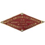 Worksplate NORTH BRITISH LOCOMOTIVE COMPANY LTD GLASGOW QUEENS PARK WORKS No 21986 1918 ex GNR