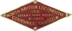 Worksplate NORTH BRITISH LOCOMOTIVE COMPANY LTD GLASGOW QUEENS PARK WORKS No 21986 1918 ex GNR