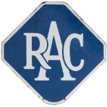 Motoring enamel sign RAC. Double sided, both sides in very good condition with minor edge