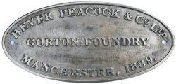 Worksplate BEYER PEACOCK & CO LTD GORTON FOUNDRY MANCHESTER 1889. Locos known to have carried the