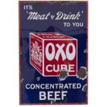 Advertising enamel sign IT'S MEAT AND DRINK TO YOU OXO CUBE CONCENTRATED BEEF measuring 12.25in x
