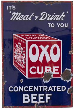 Advertising enamel sign IT'S MEAT AND DRINK TO YOU OXO CUBE CONCENTRATED BEEF measuring 12.25in x