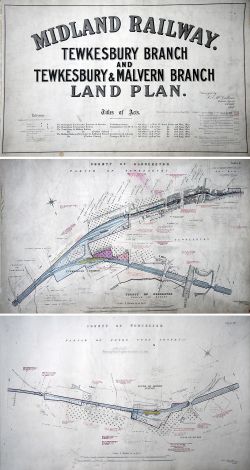 Midland Railway official hand coloured plans for THE TEWKESBURY BRANCH and TEWKESBURY & MALVERN