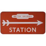 BR(NE) FF enamel station direction sign STATION with British Railways totem at the top and right