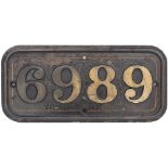 GWR brass cabside numberplate 6989 ex Hawksworth Modified Hall 4-6-0 built at Swindon in 1948 and
