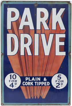 Advertising enamel sign PARK DRIVE PLAIN & CORK TIPPED measuring 30in x 20in. In good condition with