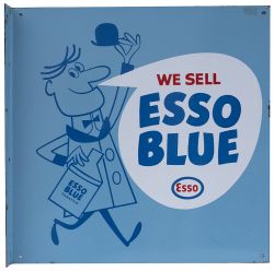 Advertising enamel sign WE SELL ESSO BLUE. Double sided with wall mounting flange. In virtually mint