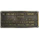 Worksplate THE ENGLISH ELECTRIC COMPANY LTD LONDON ROBERT STEPHENSON & HAWTHORNS LTD LOCOMOTIVE