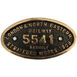 Worksplate LONDON & NORTH EASTERN RAILWAY REBUILT STRATFORD WORKS 1909 5541 ex GER Holden J16 0-6-