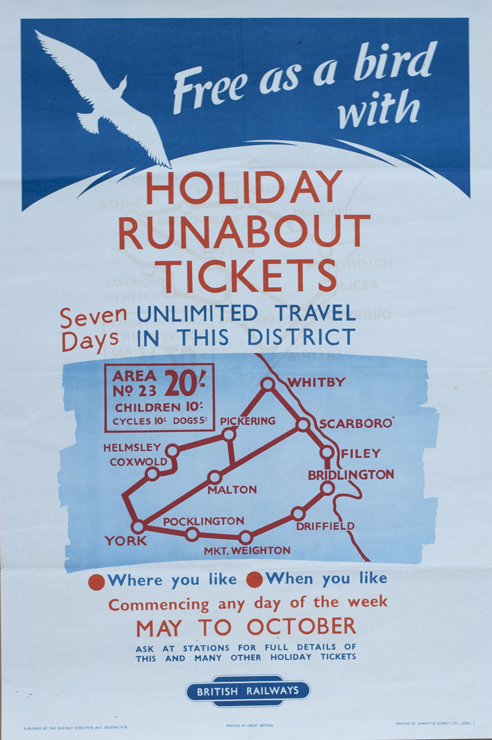Poster BR(NE) FREE AS A BIRD WITH HOLIDAY RUNABOUT TICKETS, WHITBY, YORK, SCARBOROUGH, BRIDLINGTON