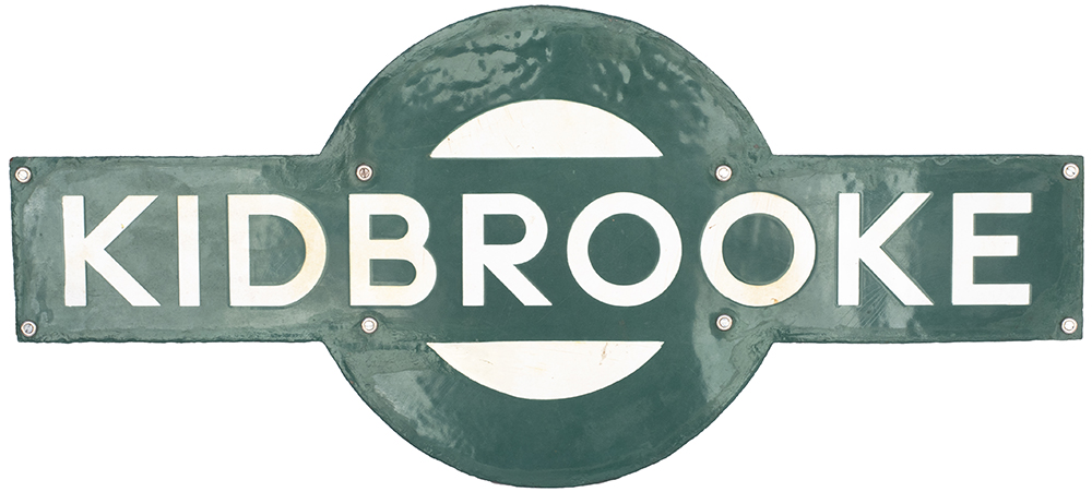 Southern Railway enamel target station sign KIDBROOKE from the former South Eastern & Chatham