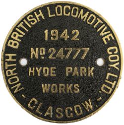 Worksplate NORTH BRITISH LOCOMOTIVE COY LTD HYDE PARK WORKS GLASGOW No 24777 1942 ex LMS Stanier