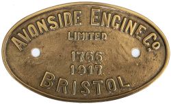 Worksplate AVONSIDE ENGINE CO LIMITED BRISTOL 1766 1917 ex 0-4-0 ST supplied to Patent Shaft And