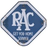 Motoring enamel sign RAC GET YOU HOME SERVICE. Measures 10.5in x 10.5in and has some chipping around