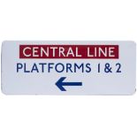 London Underground enamel station sign CENTRAL LINE PLATFORMS 1&2 with left facing arrow. Fully