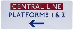 London Underground enamel station sign CENTRAL LINE PLATFORMS 1&2 with left facing arrow. Fully