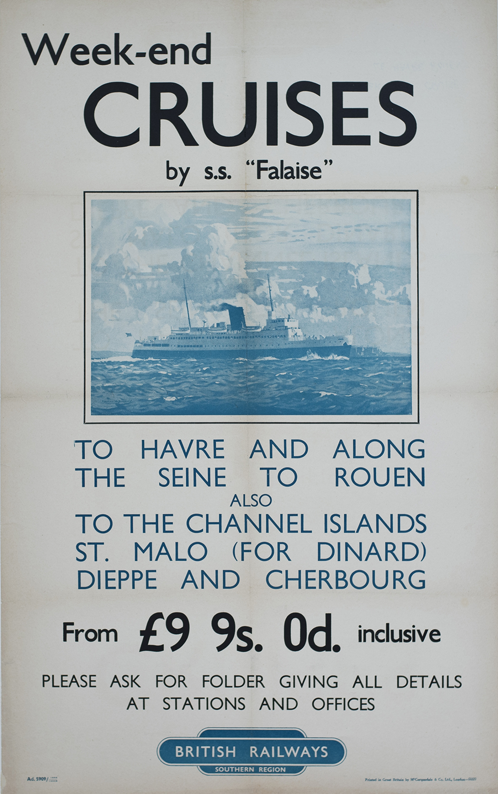 Poster BR(S) WEEKEND CRUISES BY SS FALAISE TO HAVRE AND ALONG THE SEINE TO ROUEN. Double Royal