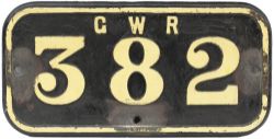 GWR cast iron cabside numberplate GWR 382 ex Taff Vale Railway Cameron A Class 0-6-2 T built by