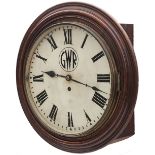 Taff Vale Railway 12 inch mahogany cased fusee railway clock with a wire driven rectangular plated