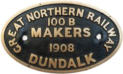 Great Northern Railway (Ireland) tenderplate GREAT NORTHERN RAILWAY MAKERS DUNDALK 100B 1908.