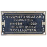 Worksplate NYDQUIST & HOLM A.B. OVERHETTARE SCHMIDTS SYSTEM TROLLHATTAN No1688 1923. Ex standard