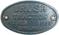Worksplate BRUSH TRACTION ENGLAND No 123 1959 ex British Railways Diesel class 31 originally