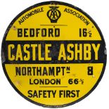 Motoring enamel sign AA CASTLE ASHBY BEDFORD 16.5 NORTHAMPTN 8 LONDON 66.5 SAFETY FIRST.. In good