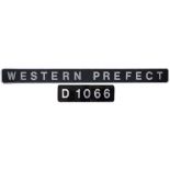 Nameplate WESTERN PREFECT together with its cabside numberplate D1066 ex British Railways Class 52