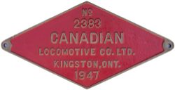 Worksplate CANADIAN LOCOMOTIVE CO LTD KINGSTON, ONT. No2383 1947 ex 2-8-2 built for SNCF as Class