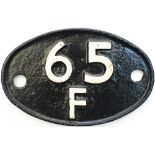 Shedplate 65F Grangemouth 1950-1973. Face restored, rear has District casting and pattern details.