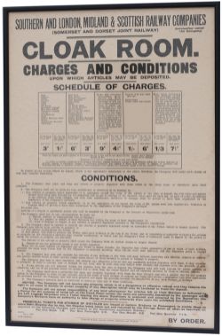 Poster SOMERSET AND DORSET JOINT RAILWAY CLOAK ROOM CHARGES AND CONDITIONS dated Bath April 1930 and