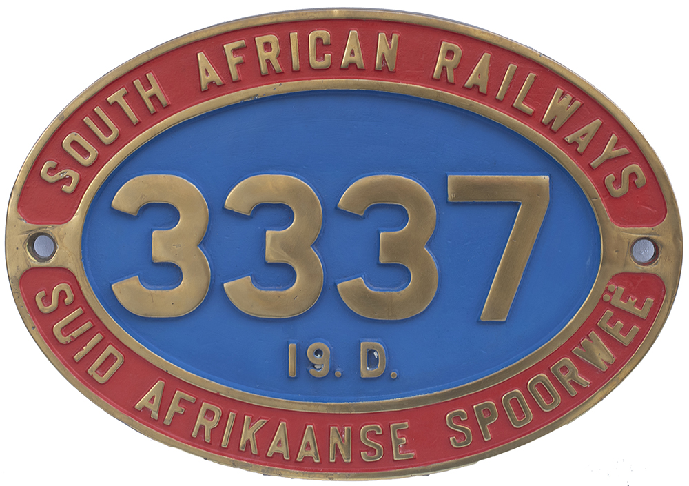 South African Railway brass cabside numberplate 3337 19D ex 4-8-2 built by The North British Loco