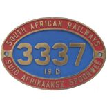 South African Railway brass cabside numberplate 3337 19D ex 4-8-2 built by The North British Loco