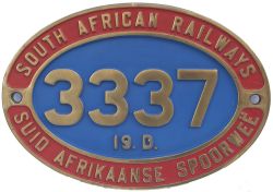 South African Railway brass cabside numberplate 3337 19D ex 4-8-2 built by The North British Loco