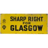 Motoring enamel sign AA and ROYAL SCOTTISH AUTOMOBILE CLUB SHARP RIGHT FOR GLASGOW. In good