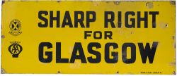 Motoring enamel sign AA and ROYAL SCOTTISH AUTOMOBILE CLUB SHARP RIGHT FOR GLASGOW. In good