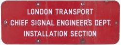 London Underground enamel doorplate LONDON TRANSPORT CHIEF SIGNAL ENGINEER'S DEPT. INSTALLATIONS