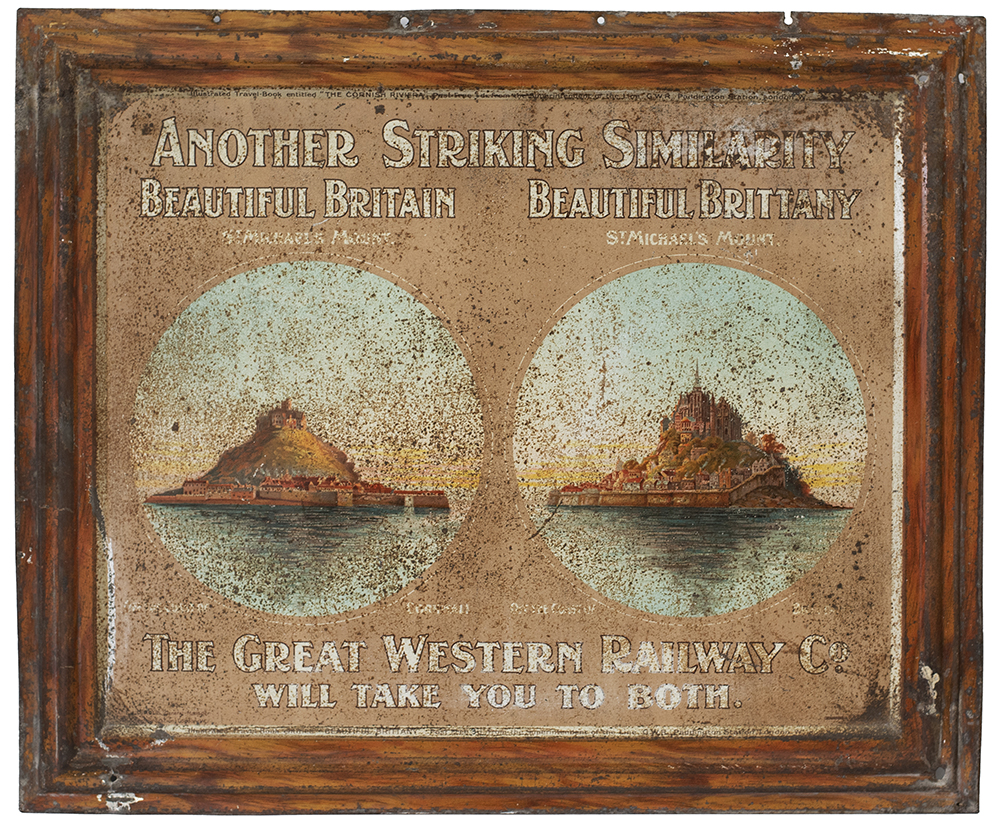 GWR advertising tinplate wall sign ANOTHER STRIKING SIMILARITY BEAUTIFUL BRITAIN ST MICHAELS MOUNT