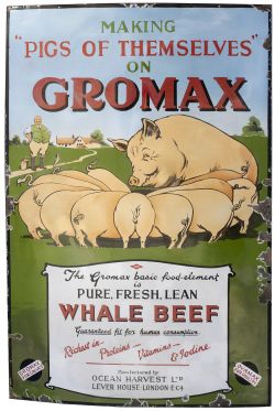 Advertising enamel sign MAKING PIGS OF THEMSELVES ON GROMAX PURE FRESH LEAN WHALE BEEF measuring