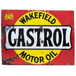 Motoring enamel sign WAKEFIELD CASTROL MOTOR OIL. Measures 48in x 36in and is in good condition with