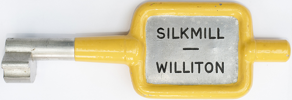 GWR/BR-W Tyers No9 single line aluminium key token SILKMILL - WILLITON, configuration D. In restored