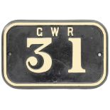 GWR cast iron cabside numberplate GWR 31 ex Rhymney Railway Hurry Riches 0-6-2 T built by Robert